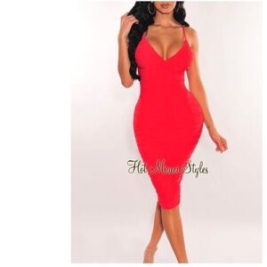Hot Miami Styles Rushed V Neck Spaghetti Straps Dress